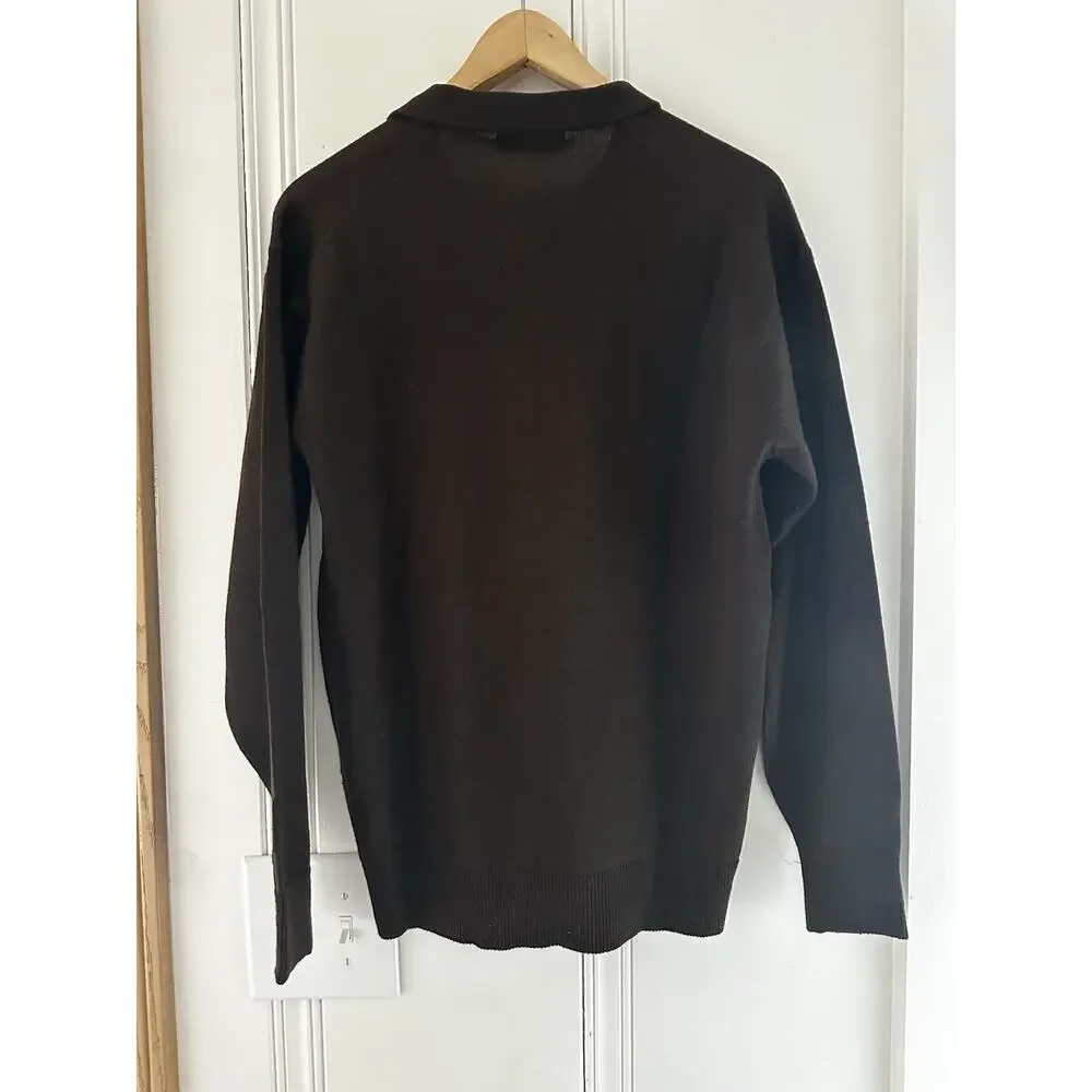 Vintage Hyungjea‎ 100% Wool Polo Sweater Mens Medium Brown Knit Long Sleeve